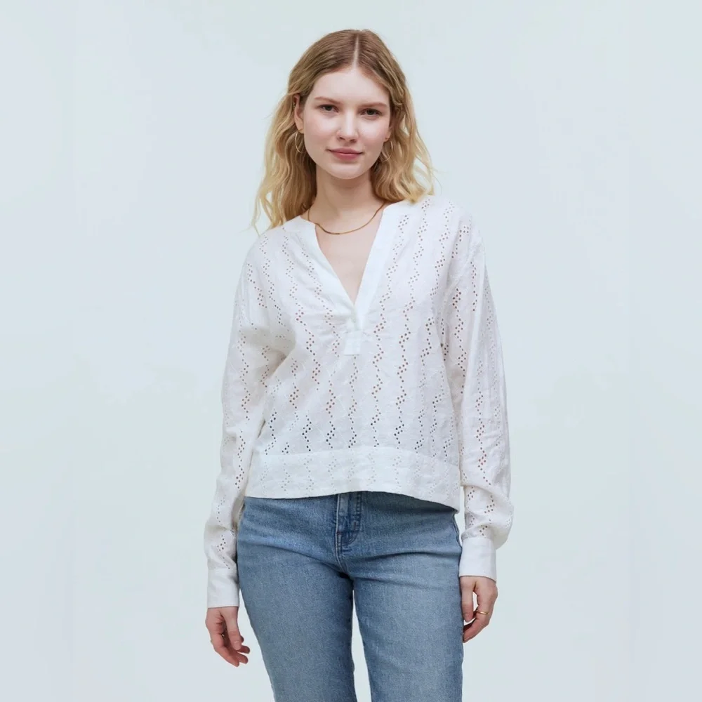 NEW Madewell Women’s Small Soft White Long-Sleeve Popover Top in Eyelet NWT